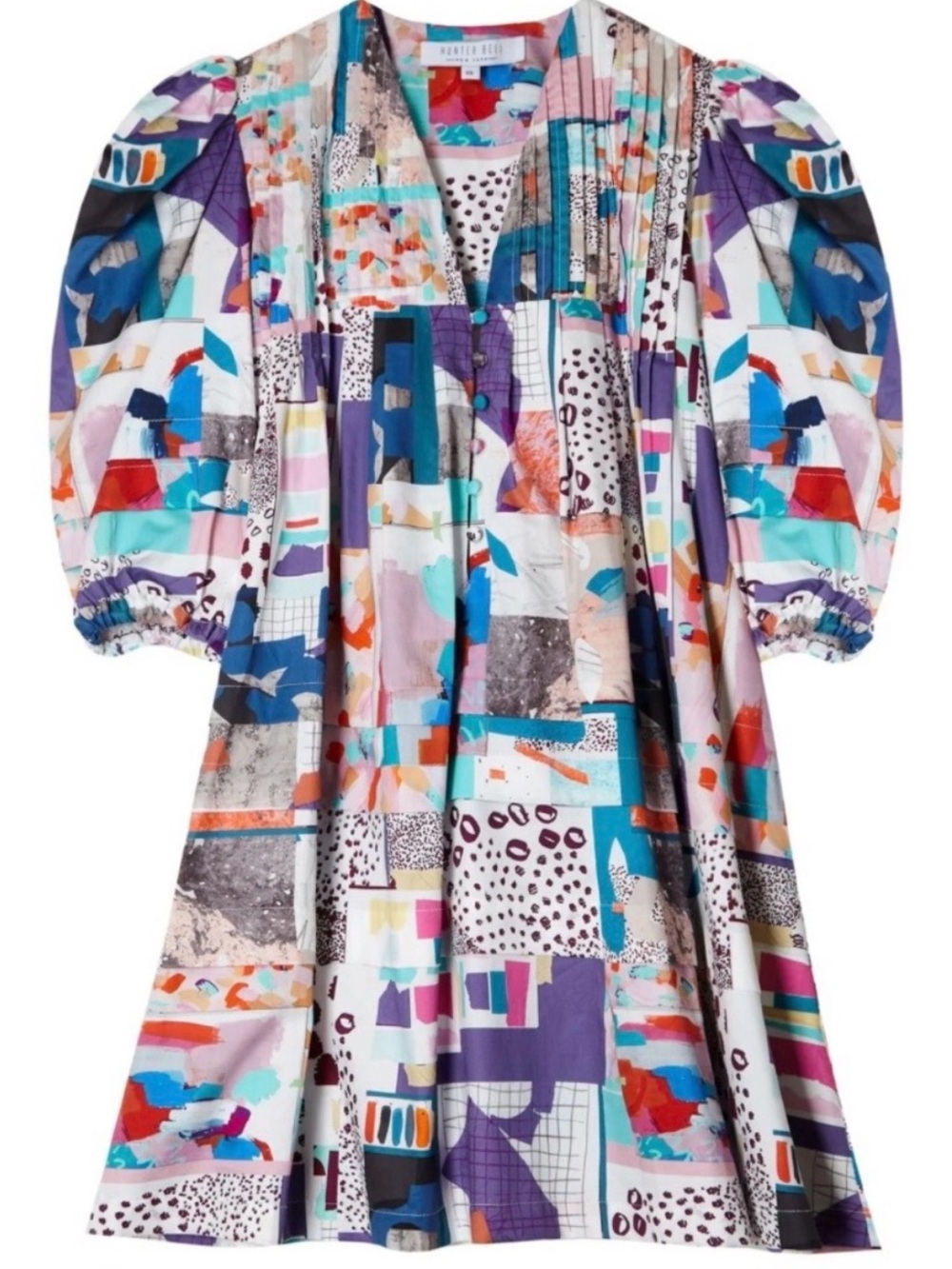 HUNTER BELL Tuckernuck Jenkins Mini Dress Patchwork Print Cotton Puff Sleeve